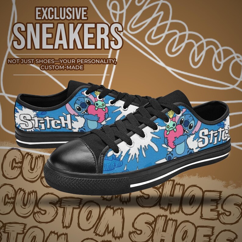 May include: Custom sneakers with a blue and white Stitch design. The shoes have black laces, a black toe cap, and a black sole with a white stripe. The word "Stitch" is written on the side. The text "EXCLUSIVE SNEAKERS" is at the top.