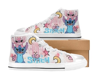 Zapatillas altas de lona personalizadas de Stitch y Angel, unisex, para niños y adultos