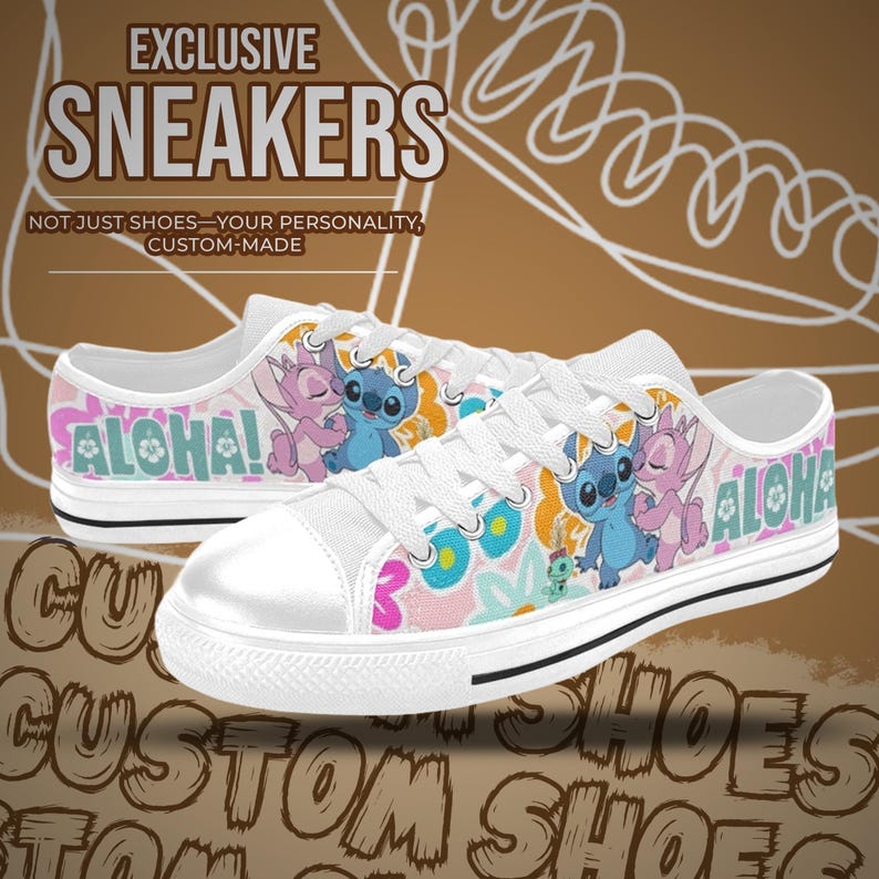 May include: White canvas sneakers featuring a colorful design with the word "ALOHA!" and cartoon characters. The shoes have white laces, a white toe cap, and a black stripe along the sole. The text "EXCLUSIVE SNEAKERS" is at the top.
