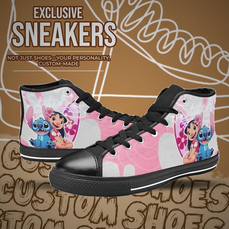 May include: High-top sneakers with a pink and white canvas design featuring a cartoon image of Stitch and Lilo from the Disney movie Lilo & Stitch. The text "EXCLUSIVE SNEAKERS" and "NOT JUST SHOES - YOUR PERSONALITY, CUSTOM-MADE" is printed on the background.