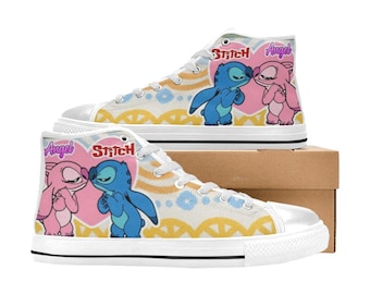 Zapatillas altas de lona personalizadas de Stitch y Angel, unisex, para niños y adultos