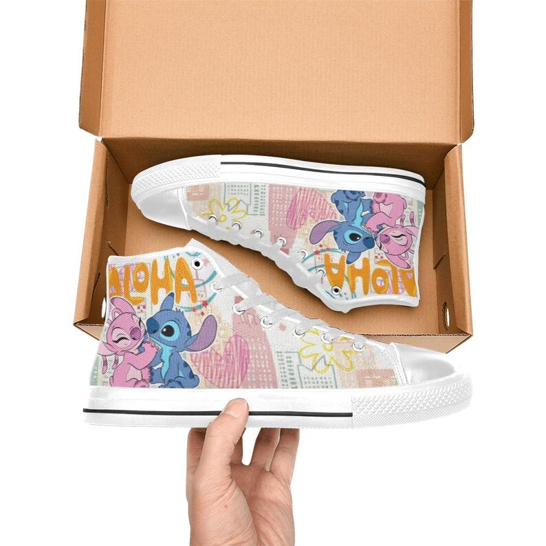 Zapatillas altas de lona personalizadas de Stitch y Angel, unisex, para niños y adultos imagen 2