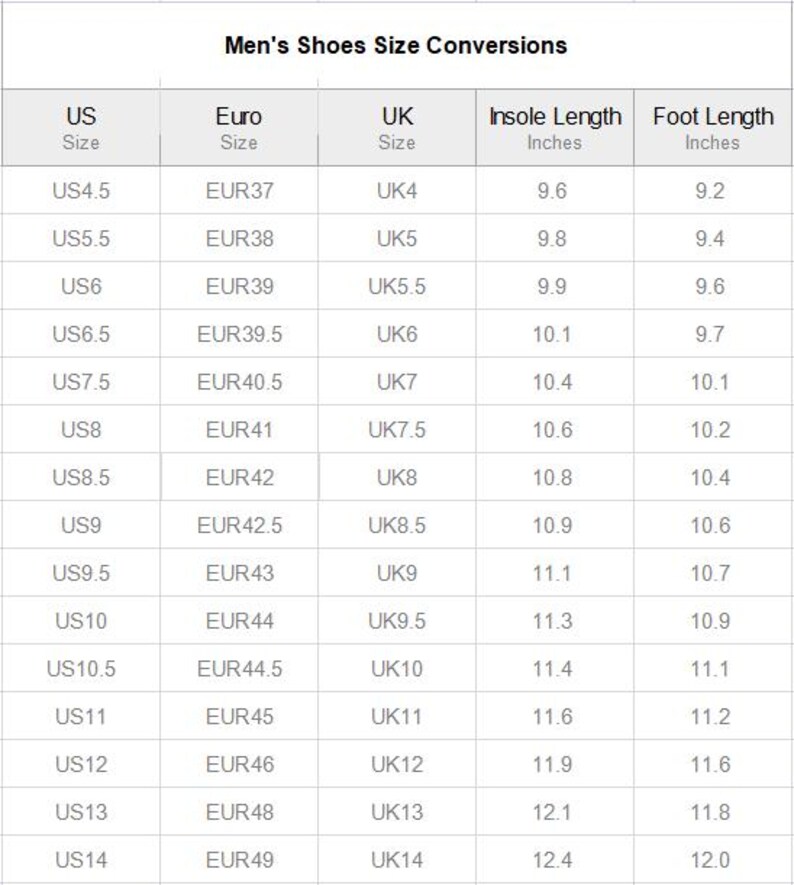 Pu&ograve; includere: Un grafico bianco intitolato "Men's Shoes Size Conversions" mostra le conversioni delle taglie di scarpe tra taglie USA, Euro e Regno Unito. Include le misure della lunghezza della soletta e del piede in pollici, utile per gli acquirenti di scarpe.