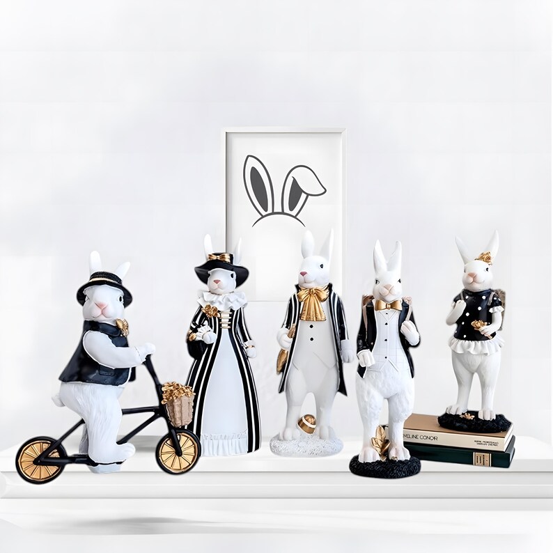 Luxury Victorian Rabbit Figurines | Black & White Bunny Decor | Elegant ...