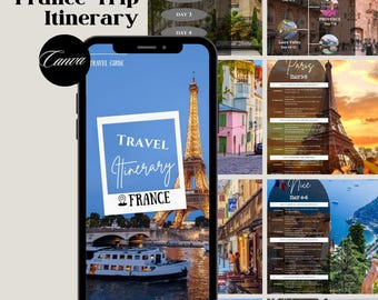 Travel Itinerary Template Canva | France Mobile Travel Planner | Editable France Travel Guide | Traveling Guide | Digital Trip Planner |