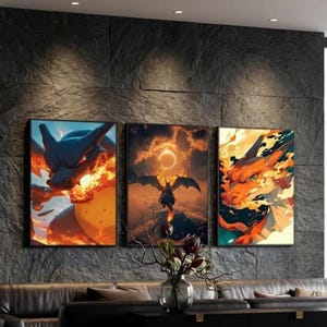 Set de 3 pósteres de Charizard Pokémon / Láminas de arte mural de anime de Kanto / Arte digital de Pokémon / Decoración para sala de juegos / Arte mural moderno de dragón de fuego