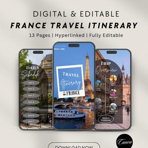 France Travel Itinerary Template Canva | Mobile Travel Planner | Digital Travel Guide Template | Canva Trip Planner | Holiday Travel Planner