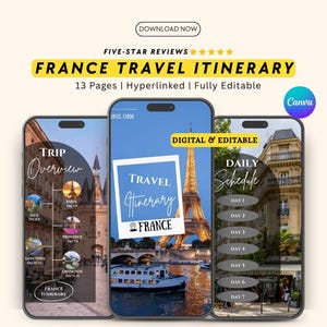 Editable Travel Itinerary Template Canva | France Trip Itinerary | Printable Travel Guide | Travel Agent Planner| Honeymoon Vacation Planner
