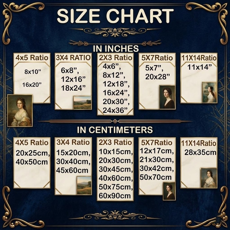 May include: A size chart with dimensions in inches and centimeters. The chart includes ratios such as 4x5, 3x4, 2x3, 5x7, and 11x14, with corresponding measurements like 8x10 inches and 20x25cm. Decorative elements frame the chart.
