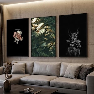 Set di 3 quadri Hip Hop Money / Poster Gangster Dog / Tela di lusso con pile di soldi / Decorazione digitale streetwear rap / Opera d'arte stampabile Hustle