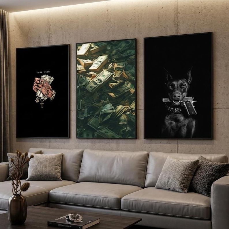 Hip Hop Money Wall Art Set of 3 | Gangster Dog Poster | Luxury Cash Stack Canvas | Digital Streetwear Rap Decor | Printable Hustle Artwork image 1