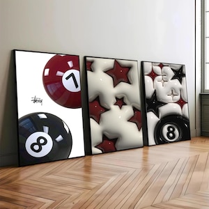 HypeBeast Wall Art-posterset van 3 | Trendy prints met 8 bollen | Digitale coole muurkunstset | 3D-kamerdecoratiebundel | Minimalistische Hypebeast-posters