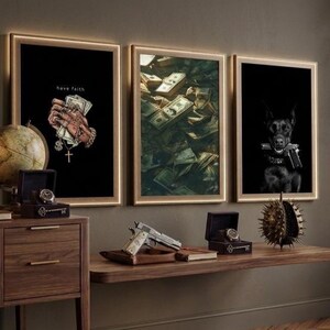 Hip Hop Money Wall Art Set of 3 | Gangster Dog Poster | Luxury Cash Stack Canvas | Digital Streetwear Rap Decor | Printable Hustle Artwork image 5