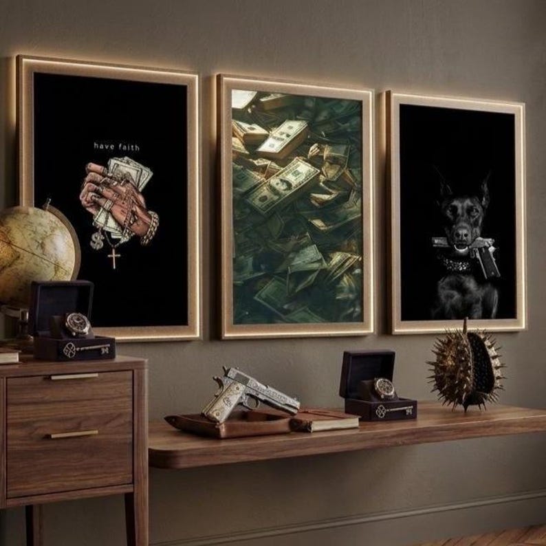 Hip Hop Money Wall Art Set of 3 | Gangster Dog Poster | Luxury Cash Stack Canvas | Digital Streetwear Rap Decor | Printable Hustle Artwork image 5