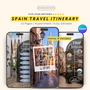 Spain Travel Itinerary Template Canva | Mobile Travel Planner | Digital Vacation Schedule | Editable Barcelona Travel Guide | Trip Planner |