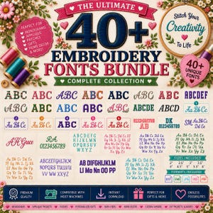 Puede incluir: Un paquete de fuentes de bordado digital con más de 40 estilos únicos, que incluye varios conjuntos de alfabetos, números y elementos decorativos. La imagen muestra texto como The Ultimate 40+ Embroidery Fonts Bundle, Stitch Your Creativity To Life y enumera formatos de archivo como DST, EMB, JPG, PES y PDF.