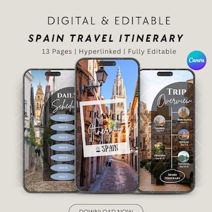 Spain Trip Travel Itinerary Editable Template | Mobile Digital Group Travel Guide | Vacation Schedule | Canva Travel Guide Template Download