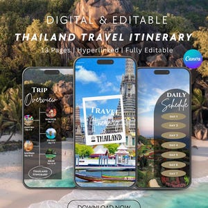 Op de afbeelding: Een digitale en bewerkbare Thailand reisroute weergegeven op drie smartphones. De schermen tonen een overzicht van de reis, een reisgids met de tekst "Thailand Travel Itinerary" en een dagschema. De achtergrond toont een schilderachtig uitzicht op Thailand.