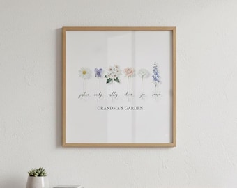 Customizable Grandma's Birth Flower Print | Personalized Family Watercolor Poster | Christmas Gift for Grandma | Birth Flower Bouquet Art |