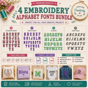 Peut inclure: Un ensemble de polices d'alphabet pour broderie numérique comprenant quatre styles : Collegiate Block rose, Gothic Block violet, 3D Block vert et Script Bold noir. Inclut sept tailles de 2 à 5 pouces et des formats de fichiers DST, EMB et JPG.
