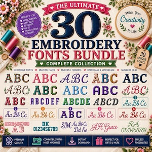 Può includere: Un pacchetto digitale di 30 font per ricamo con vari stili di lettere maiuscole, minuscole e numeri. La grafica include il testo The Ultimate 30 Embroidery Fonts Bundle, Stitch Your Creativity To Life e 30 Unique Fonts.