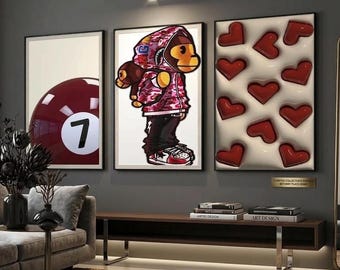 Hypebeast Wall Art Prints Set Of 3 | 8 Ball Trendy Prints | Minimalist Hypebeast Kaws Poster | Digital Retro 8 Ball Poster | Modern Wall Art