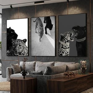 Leopard & Panther Wand Kunst Poster 3er-Set | Digitale Tierprints | Minimalistische Schwarz Weiß Dschungel Dekoration | Moderne Safari Zimmer Kunstwerk |