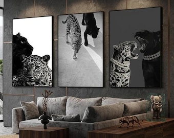 Leopard & Panther Wall Art Poster Set of 3 | Digital Animal Prints | Minimalist Black White Jungle Decor | Modern Safari Room Artwork |