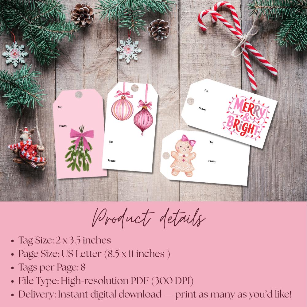 Pink Christmas Gift Tags | Printable Holiday Labels (digital Download ...