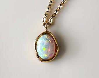 Gold Opal Pendant Necklace, Gemstone Statement necklace, minimalist gold necklace, gold chunky, jewelry, gold plated, trendy necklace