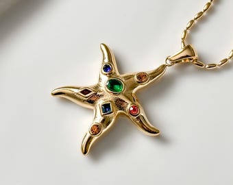 Gold Starfish Gemstone necklace, minimalist necklace, star, necklaces for women, gold plated necklace, chunky jewelry, trendy necklace