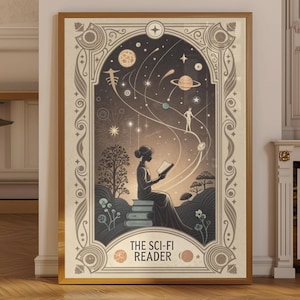 May include: A vintage-style illustration of a person reading a book in a field with a starry sky and planets above. The text "THE SCI-FI READER" is at the bottom of the image.