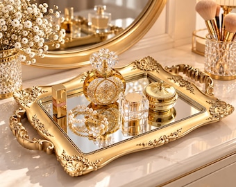 Ornate Mirrored Vanity Tray, Elegant Gold Jewelry Tray, Vintage-Inspired Dressing Table Decor, Perfume Display Tray, Bridal Room Decor