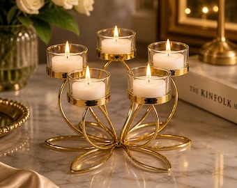 Luxury Gold Lotus Candle Holder, Tealight Candle Stand, Wedding Centerpiece, Modern Table Candle Holder, Vintage Style Gift