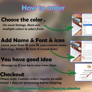 K&ouml;nnte beinhalten: Eine Anleitungsgrafik mit dem Titel &bdquo;So bestellen Sie&ldquo; f&uuml;hrt Kunden durch den Bestellvorgang. Zu den Schritten geh&ouml;ren die Auswahl einer Farbe, das Hinzuf&uuml;gen eines Namens und einer Schriftart, das Senden von Nachrichten f&uuml;r individuelle Ideen und der Checkout. Die Grafik enth&auml;lt Screenshots und Anweisungen.