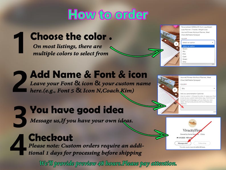 K&ouml;nnte beinhalten: Eine Anleitungsgrafik mit dem Titel &bdquo;So bestellen Sie&ldquo; f&uuml;hrt Kunden durch den Bestellvorgang. Zu den Schritten geh&ouml;ren die Auswahl einer Farbe, das Hinzuf&uuml;gen eines Namens und einer Schriftart, das Senden von Nachrichten f&uuml;r individuelle Ideen und der Checkout. Die Grafik enth&auml;lt Screenshots und Anweisungen.