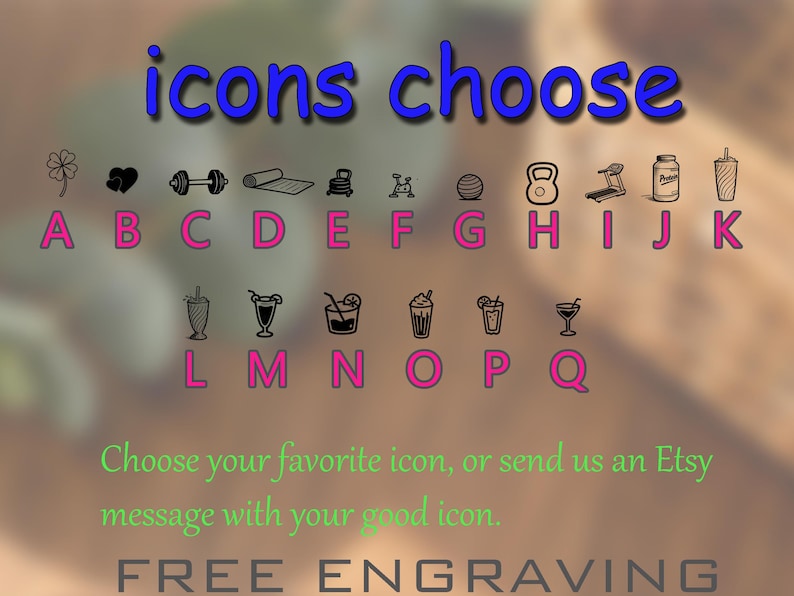 K&ouml;nnte beinhalten: Bild mit den Worten "icons choose" in Blau. Es zeigt Symbole wie ein vierbl&auml;ttriges Kleeblatt, ein Herz, eine Hantel, eine Yogamatte und ein Getr&auml;nk. Der Text "FREE ENGRAVING" steht unten. W&auml;hle dein Lieblingssymbol.