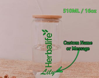 Vaso para batido con nombre personalizado, pajita y tapa de madera: regalo de Herbalife