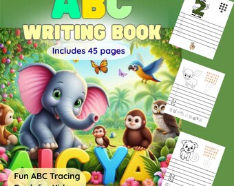 May include: A colourful alphabet tracing book for kids with 45 pages. The cover features a cartoon elephant, monkey, owl, and parrot in a jungle setting. The book includes uppercase and lowercase letters with tracing lines and dotted letters to help children learn to write.