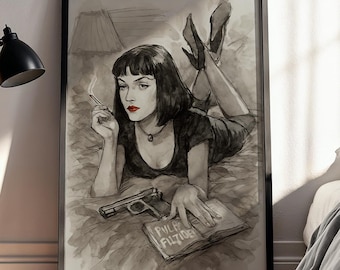 Pulp Fiction-poster – handgetekende kunst van Mia Wallace | Noir filmafdruk, minimalistische muurkunst, Tarantino filmdecor, vintage illustratie