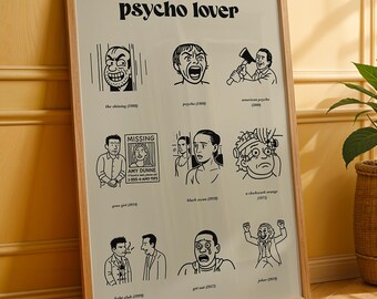 Psycho Lover – Cult Film Poster Featuring Iconic Insane Characters | Line Art Wall Print for Horror & Thriller Fans, Movie Poster Decor