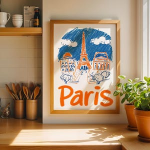 Paris traditional travel print - France, Eiffel Tower, Paris poster, Eiffel tower print, Paris Art Print, Hand-Drawn Landmark Poster