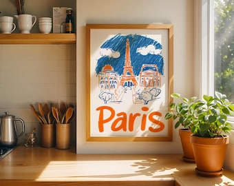 Väggkonsttryck i Paris – Färgglad handritad illustration av Italiens stadslandskap, reseaffisch, gondolkonstverk, Parisdekor för hemmet, resepresent