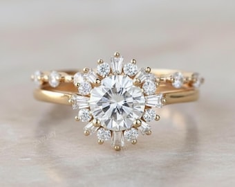 14k Gold Wedding Ring Set, 1.50 Carat Round Lab Grown Diamond Ring Set, IGI Certified F VS1 Lab Diamond Engagement Ring Set, Gift For Her