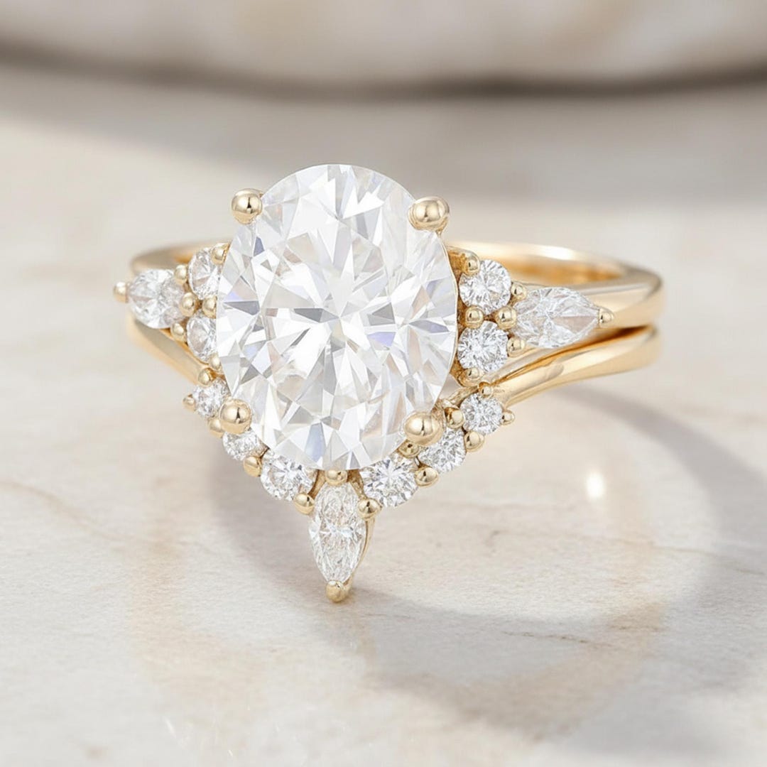 3 Ct Oval Lab Grown Diamond Wedding Bridal Ring Set, Seven Stone ...