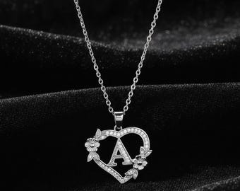 Personalized Name Pendant, Round Lab Grown Diamond Pendant, Floral Heart Initial Pendant, 14k Gold Custom Letter Pendant, Valentine's Gift
