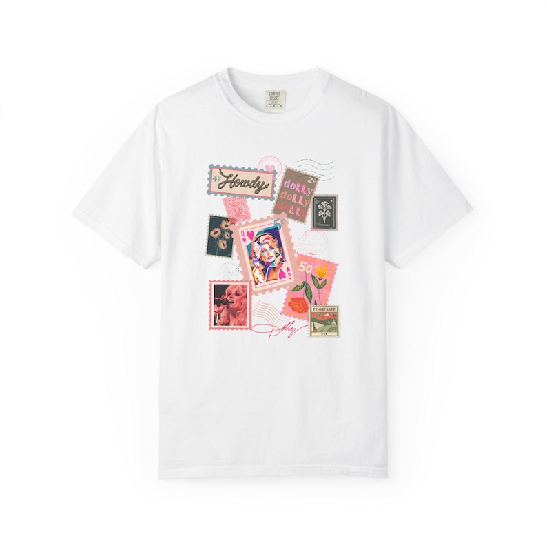 Briefmarken Hemd Dolly Parton Shirt auf Komfortfarben Herzkönigin Bild 2