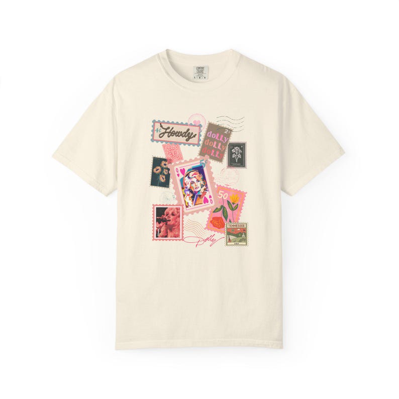 Briefmarken Hemd Dolly Parton Shirt auf Komfortfarben Herzkönigin Bild 3