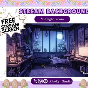 Può includere: Un'illustrazione digitale di una camera da letto di notte. La stanza è blu scuro con una grande finestra che mostra una luna piena e un cielo notturno. C'è un letto al centro della stanza con una coperta bianca e cuscini. Ci sono librerie e una scrivania con un monitor del computer sopra. Il testo "Midnight Room" è in cima all'immagine.