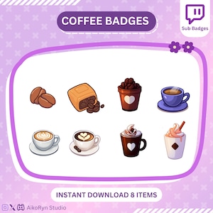 Twitch用コーヒーサブバッジ – 8つのかわいいコーヒーTwitchバッジ – ストリーマーロイヤルティバッジ – すぐにダウンロード